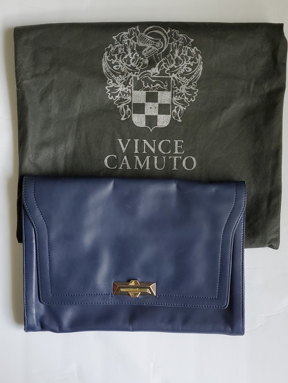 Vince Camuto Leather Blue Clutch Bag Gold Accent Evening Elegant Classic